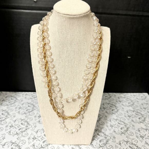 Vintage Sarah Coventry Multi Strand Gold Chain Clear Bead Necklace - Picture 1 of 9